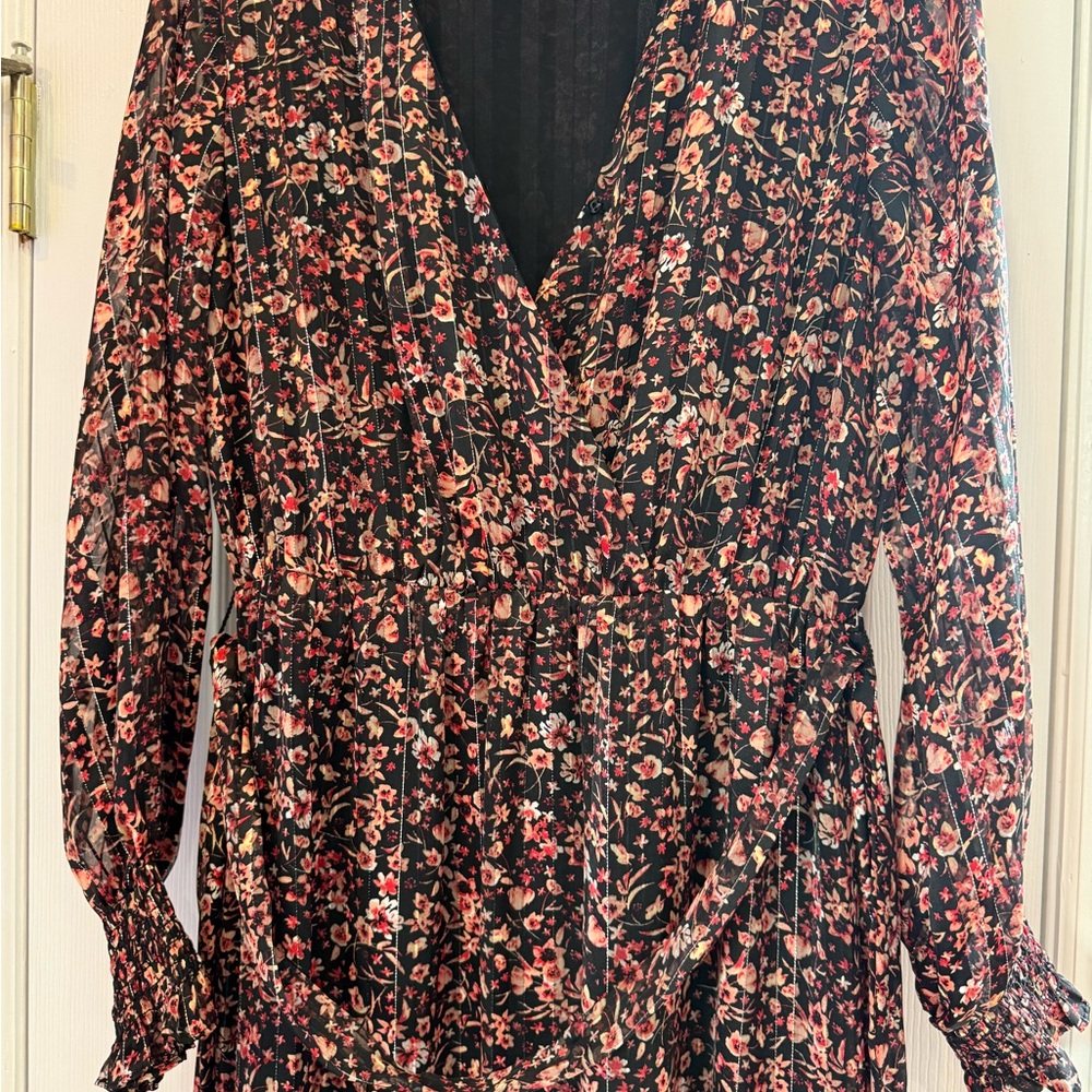 Vince Camuto Black Floral Long Sleeve Wrap Dress